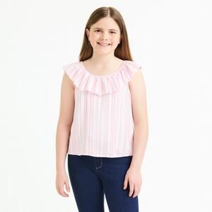 NWOT SO Girls Pink & White Striped Sleeveless Ruffle Neckline Top Size 14/16